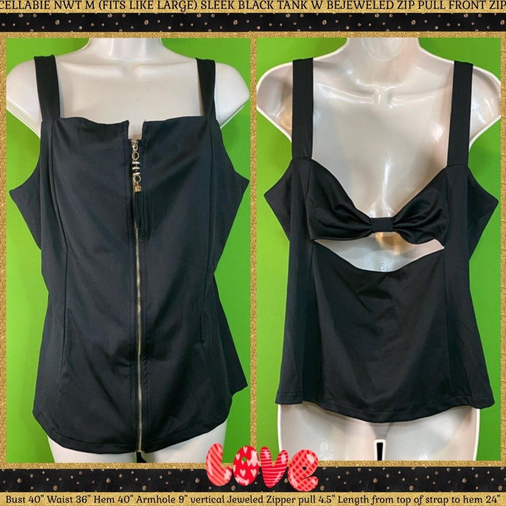 CELLABIE NWT M (FITS UP TO LARGE)SLEEK BLACK TANK W BEJEWELED ZIP PULL FRONT ZIP